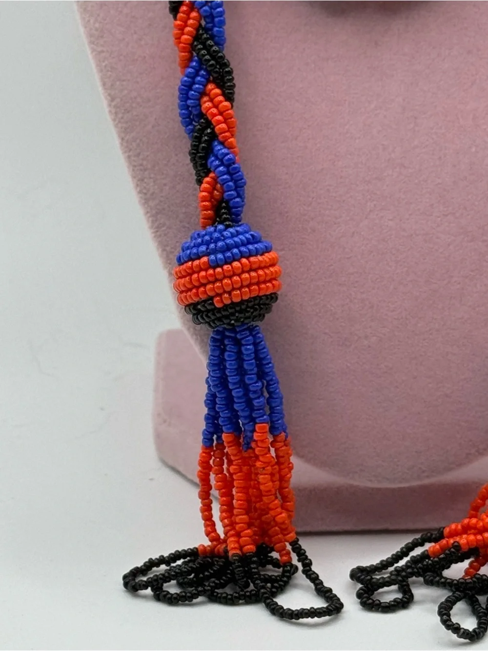 Braided Seed Bead Long Necklace - Blue, Red & Black